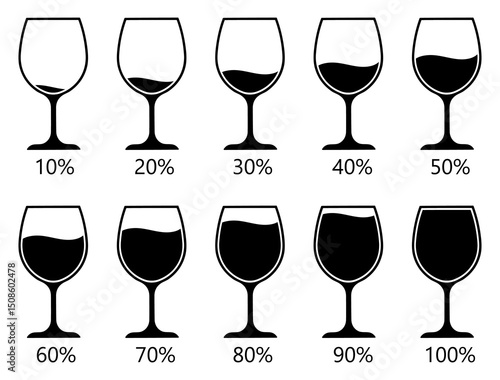 Set of wine glasses with varying fill levels from 10% to 100%. Vector illustration of drink volume, alcohol measurement, or consumption infographic. Flat style.