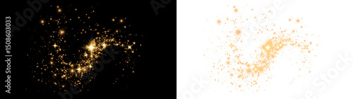 Glistering gold orange dust and starburst particles on a black PNG background. Bright overlay shimmer, sparkle, and confetti effects for festive, luxury, and New Year celebration designs