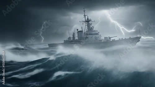 Powerful warship navigates stormy seas in dramatic sea photography