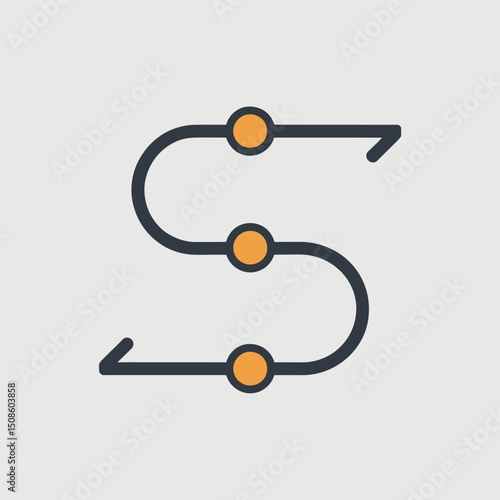 Curved navigation line with three orange travel dots and arrow endpoints forming a stylized S-shape route for journey planning, travel guides, and map navigation interfaces