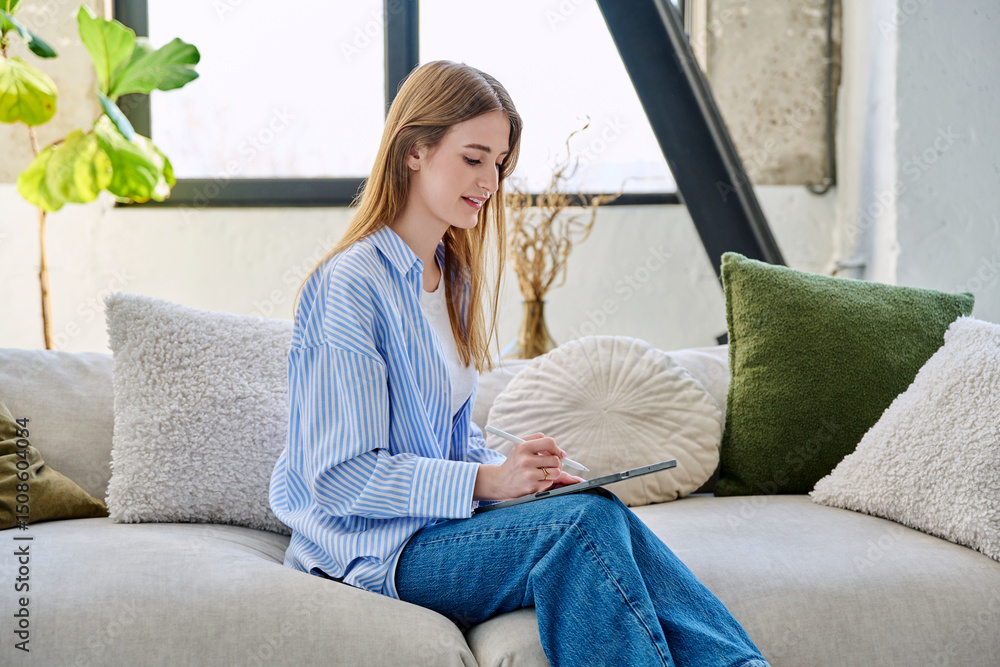 Obraz premium Young woman using digital tablet sitting on sofa at home