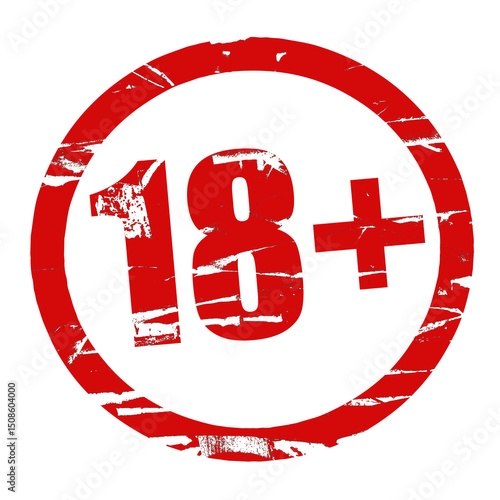 Digital composite 28th May 2025..Red rubber stamp effect with the text 18+. The 18 rating is an age-based content rating for various media such as films barring mature content for those under 18.
