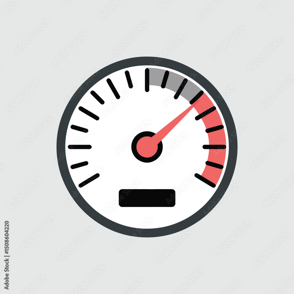 Minimal speedometer vector icon with red needle and grey-red scale arc for speed monitoring, automotive dashboards, and performance evaluation visuals in flat design Minimal speedometer vector icon with red needle and grey-red scale arc for speed monitoring, automotive dashboards, and performance evaluation visuals in flat design