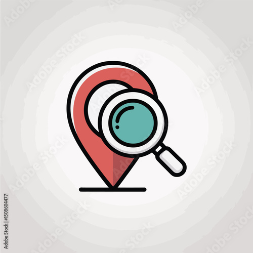 Close-up red location pin icon with magnifying glass on top, flat design for geolocation apps, pinpointing tools, search interfaces, and digital mapping symbols