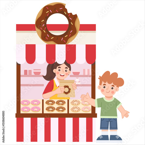 Illustration of Donut Stall and Customer