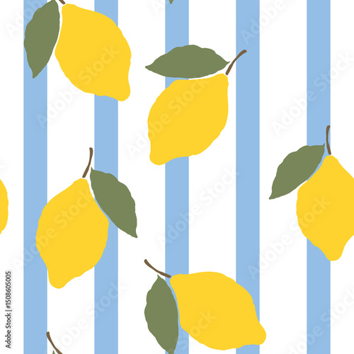 Yellow lemon fruits with green leaves silhouettes on the striped blue and white background. Vector illustration. Seamless pattern. Summer design. Italian vacation