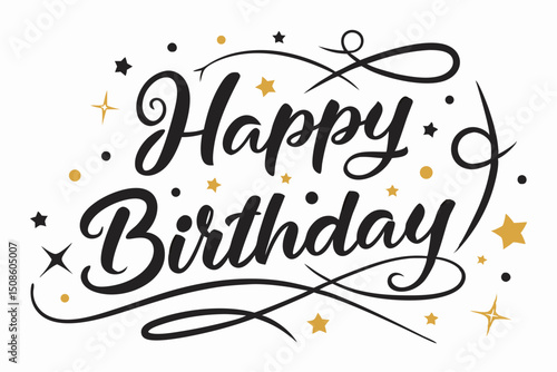 Happy Birthday Text Design: Elegant Black & Gold Script