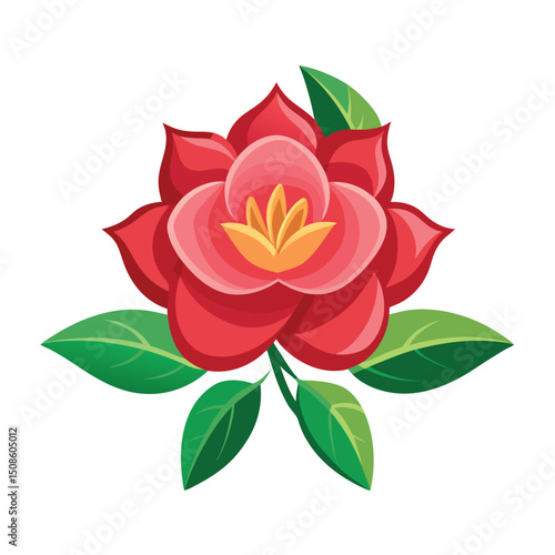 Vibrant Red Camellia Flower with Green Leaves icon on white background