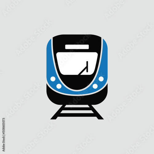Flat design metro train front vector with bold lines and modern blue and black color scheme, sitting on railway track for use in transport, travel, and urban commuting visual materials.
