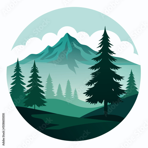 Mountain Landscape with Pine Trees on white background