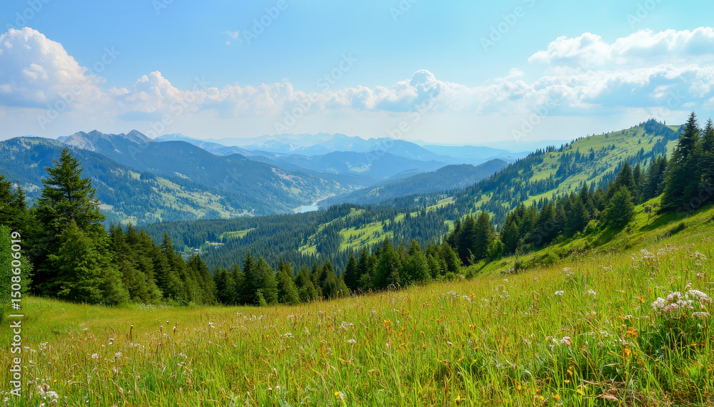 Fototapeta premium Panoramic mountain landscape with green valleys, pine forests, distant ridges, wildflowers, blue sky, white clouds, tranquil natural summer background, outdoor travel scenery