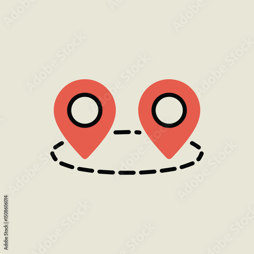 Minimalistic illustration of two red location pins connected by a dashed route path, symbolizing travel, navigation, geolocation or journey planning in modern flat style