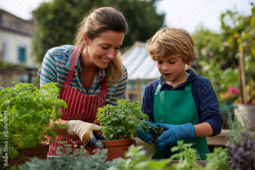 Wallpaper Mural Mother and son wearing aprons working with potted herbs in outdoor garden area Torontodigital.ca