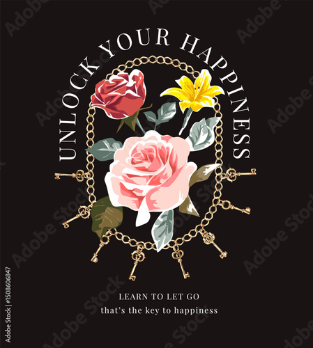unlock happiness slogan with colorful flower bouquet in golden vintage keychain vector illustration created by hand drawn