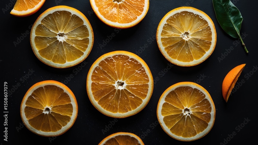Obraz premium Slices of juicy orange on a black background with empty copy space for text.