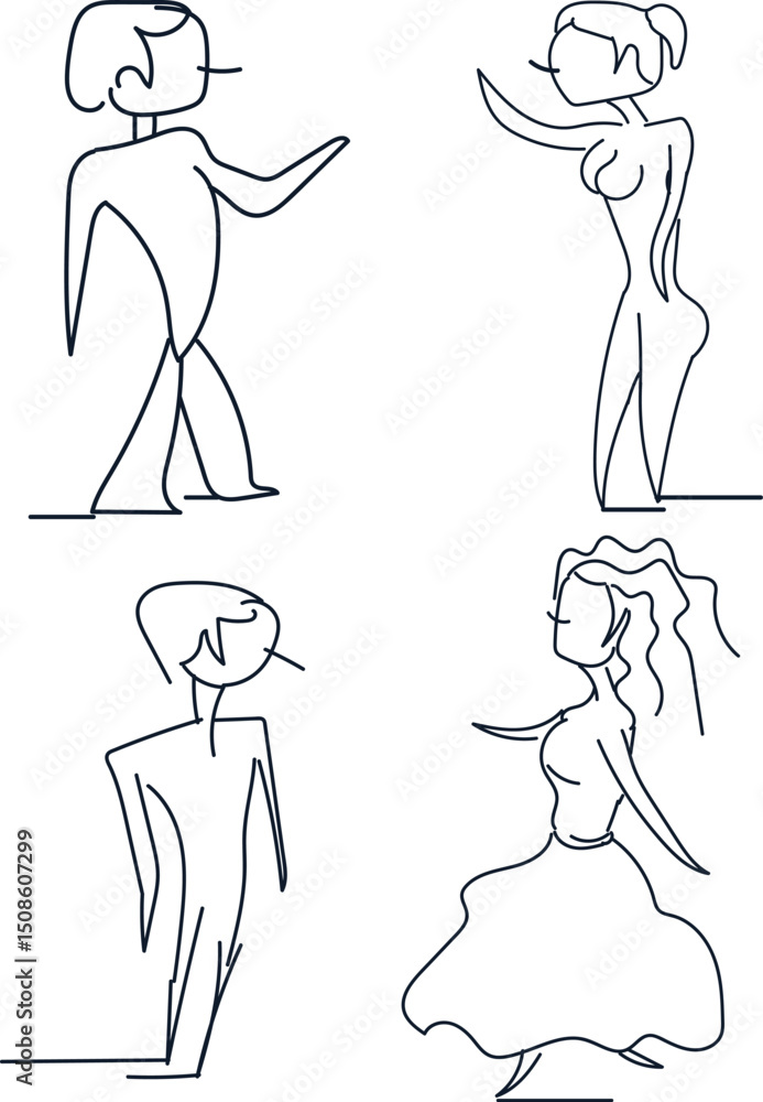 Four different characters in different poses. Among them there is a man and a woman. Four different characters in different poses. Among them there is a man and a woman.