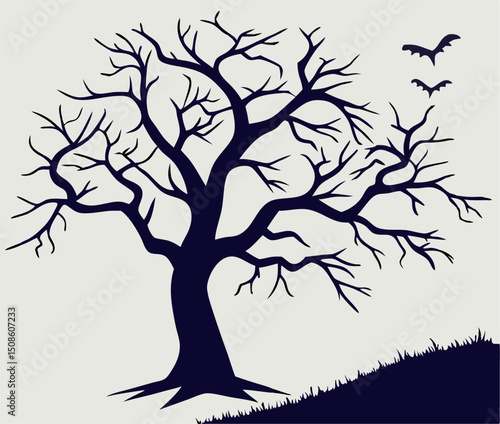 Spooky Silhouette of Bare Tree with Bats - Halloween Graphic