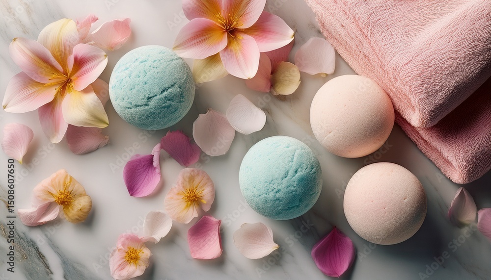 Badekugeln, Blüten und Handtücher Badekugeln, Blüten und Handtücher