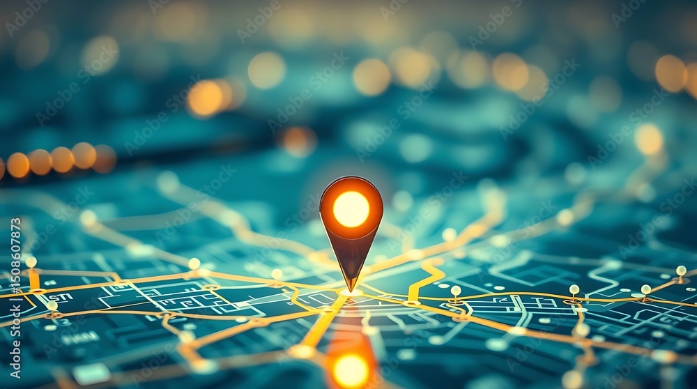 Glowing Location Pin on a Detailed City Map with Bokeh Background Glowing Location Pin on a Detailed City Map with Bokeh Background