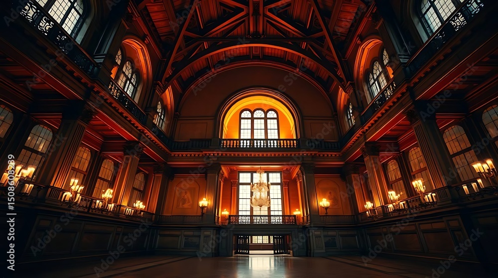 Obraz premium Grand Hall Interior with Ornate Architecture and Warm Lighting