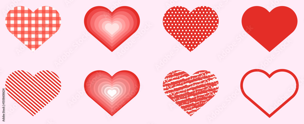 Set of red hearts. Textured hearts. Collection of hearts of different shapes and textures. Vector art