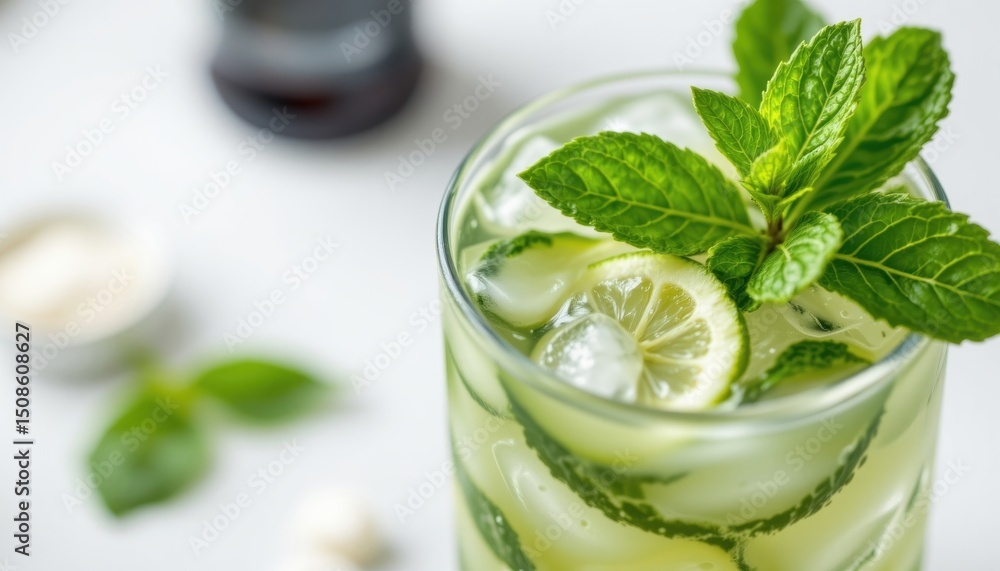 Obraz premium A refreshing, close-up shot of a mint cocktail, perfect for summertime refreshment. The drink is beautifully garnished with fresh mint and a slice of lime, inviting viewers to savor the moment