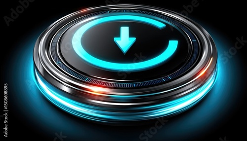 A glowing blue circular power button with a downward arrow, symbolizing refresh or restart, set against a dark background.