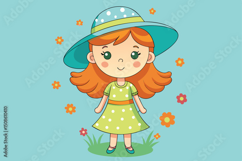 A cute baby princess in a pink dress smiles with a heart full of love, surrounded by flower illustrations, perfect for a fun holiday card design
A cute cartoon child princess in a pink dress with a jo