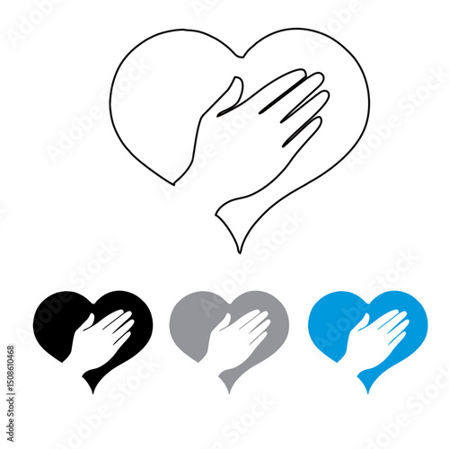 vector illustration of hand touching heart, vector lines, black, dark white and light blue color.
