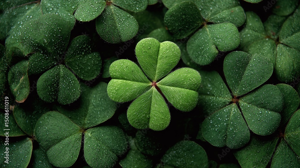 Obraz premium A vibrant four-leaf clover takes center stage amidst a sea of lush, green three-leaf clovers, symbolizing good fortune and a touch of magic in nature's embrace.