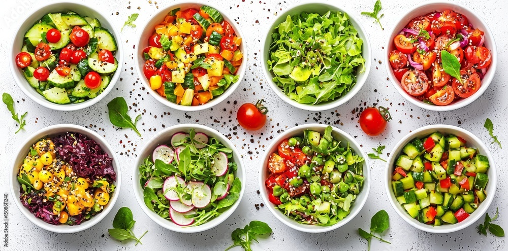 Overhead View of Eight Colorful and Healthy Salad Bowls, healthy eating, salad recipes Overhead View of Eight Colorful and Healthy Salad Bowls, healthy eating, salad recipes