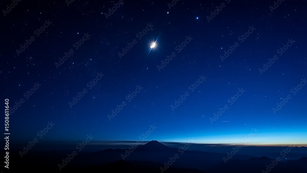 Naklejka premium Bright Star Over Mountain Landscape at Night with Deep Blue Sky
