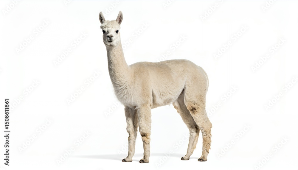Obraz premium A full-length cream-colored alpaca with a fluffy neck and upright posture, isolated
