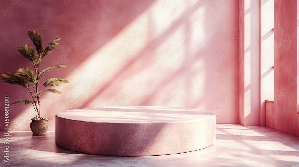 Soft peach-colored cylindrical podium with subtle lighting and shadows for elegant product display Soft peach-colored cylindrical podium with subtle lighting and shadows for elegant product display
