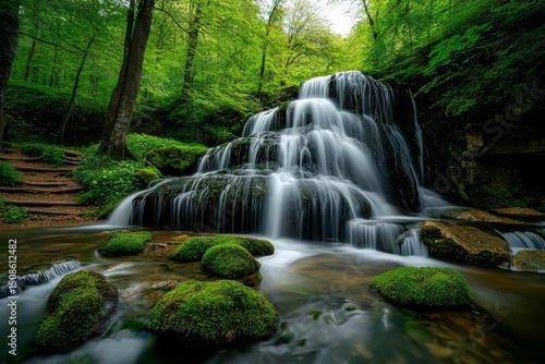 Serene Waterfall in Lush Green Forest, Mossy Rocks, Nature Photography, Waterfall Image Waterfall, Nature photography