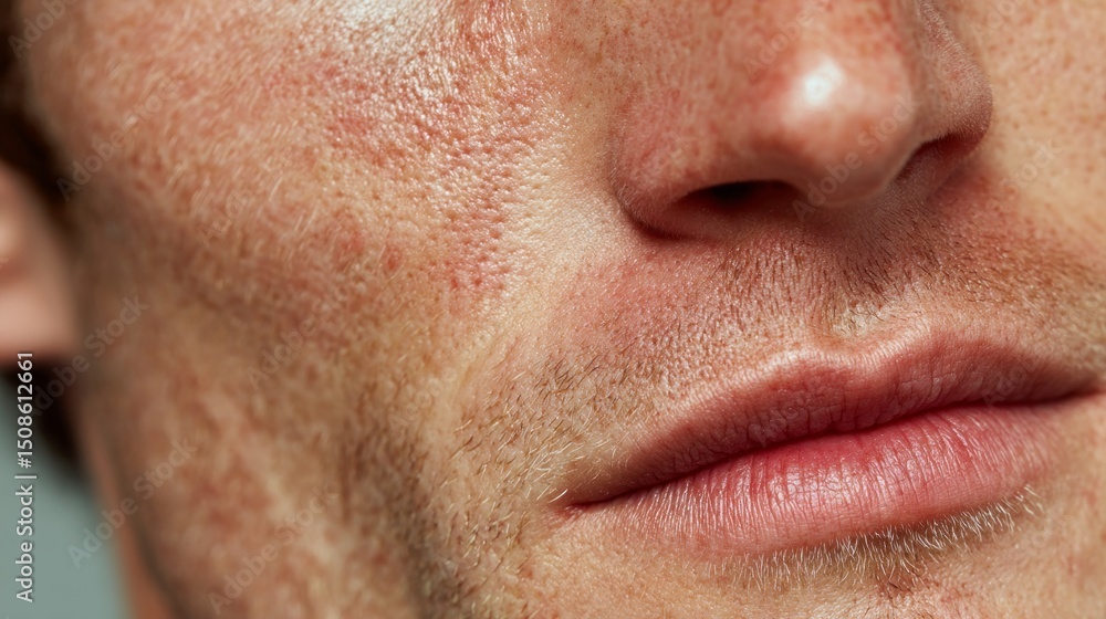Fototapeta premium Close-up of lower male face showing natural skin texture, pores, light freckles, and facial hair for skincare concept, natural skin texture, concept of aging and beauty
