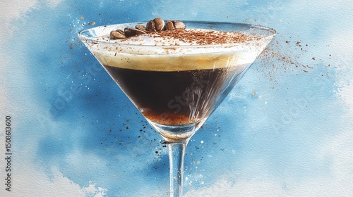 Elegant martini glass filled with coffee, cream, and coffee beans, set against an abstract watercolor background, evoking sophistication and warmth.
