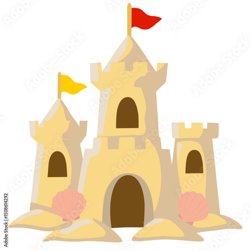 Sandcastle and little red and yellow flags in flat style