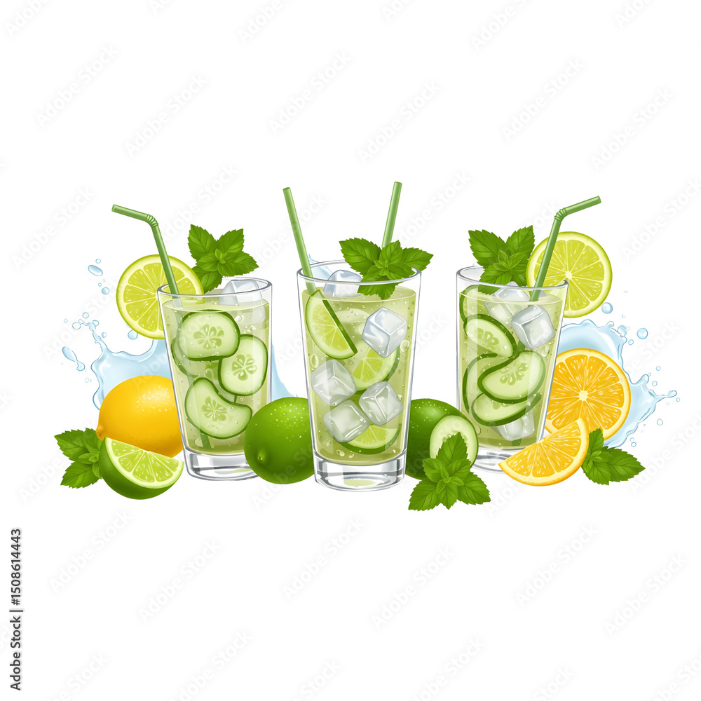 Fototapeta premium Cucumber lemon mint drinks with ice and splashes 