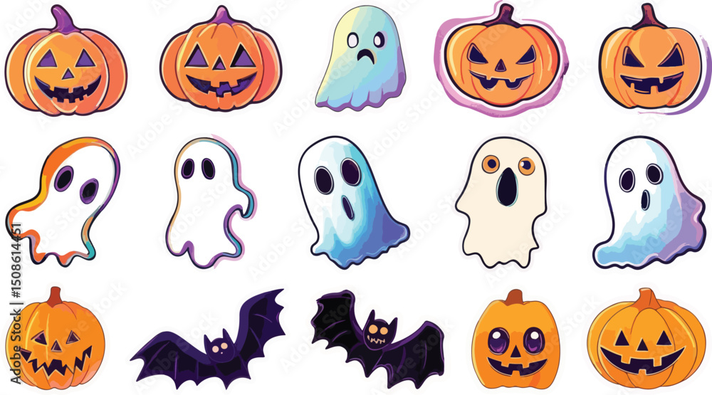 Fototapeta premium Halloween Vector Illustration with Pumpkins, Ghosts, and Bats Isolated on White Background.