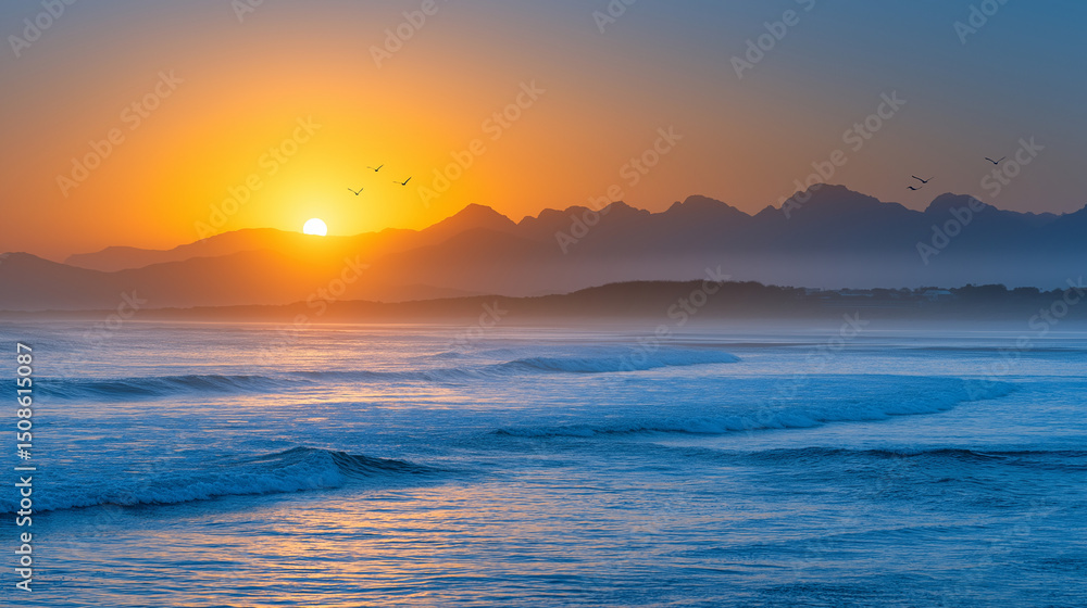 Obraz premium A serene coastal scene at dusk with fog and sunset reflections
