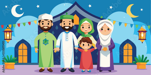 Happy family standing in the front of the house mosque in the night on the sky moon with blue stars shine plants vector illustration. 