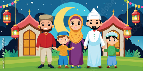 Happy family standing in the front of the house in the night on the sky moon with blue stars shine.
