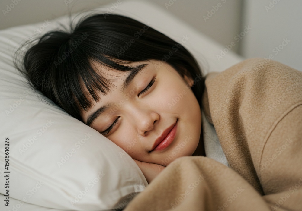 Smiling girl sleeps on pillow in bedroom during morning relaxation for lifestyle use Smiling girl sleeps on pillow in bedroom during morning relaxation for lifestyle use