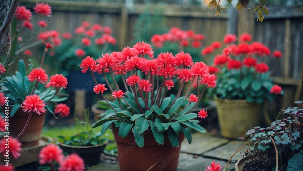 Fototapeta premium Red Cyclamen in Backyard with Bright Flowers and Empty Space for Text