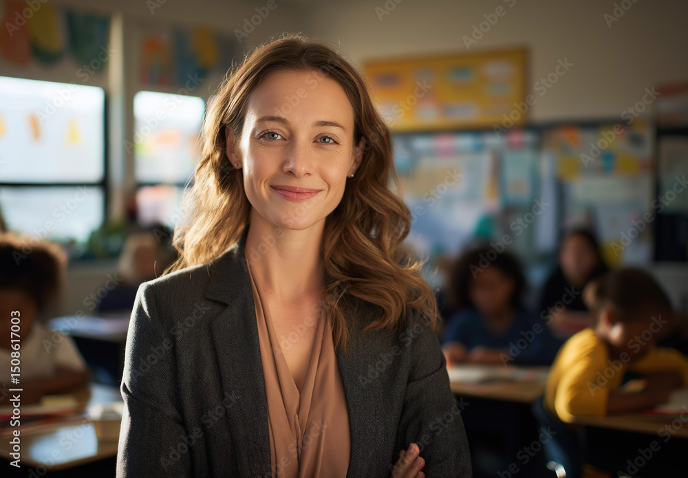 Smiling teacher in professional outfit stands in front of students in classroom. Smiling teacher in professional outfit stands in front of students in classroom.