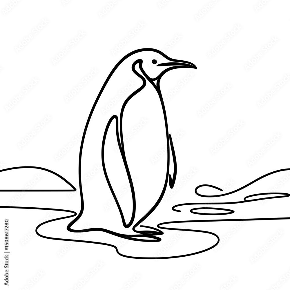 Obraz premium Penguin depicted in single line outline vector style on ice background