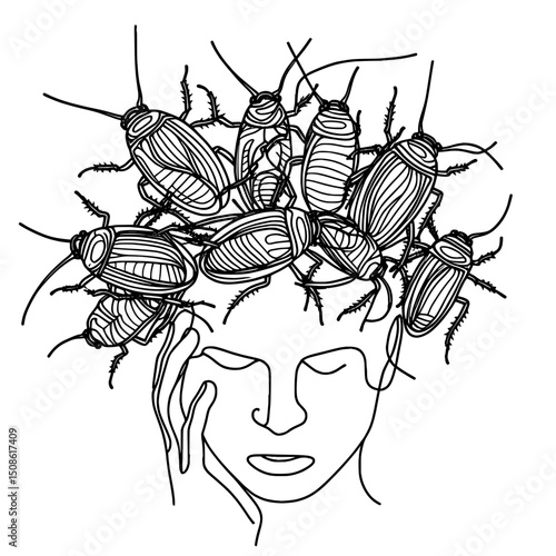 Woman with huge cockroaches on her head in surreal one line vector outline