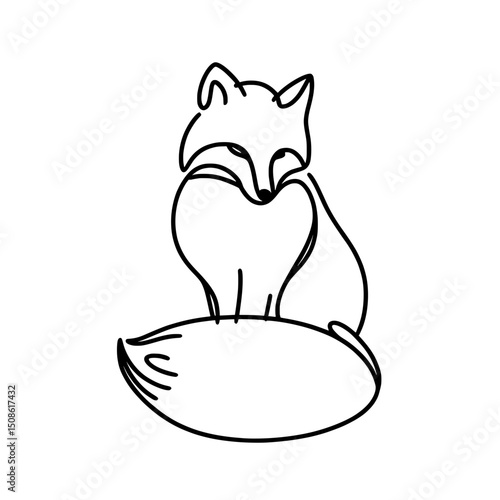 Minimalist illustration of sitting modest cunning fox in continuous line drawing style, covered paws with tail, vector single line outline concept