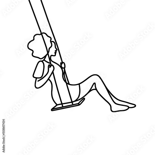 Woman with lush hair swinging on a swing in minimal outline design - Single line outline vector concept